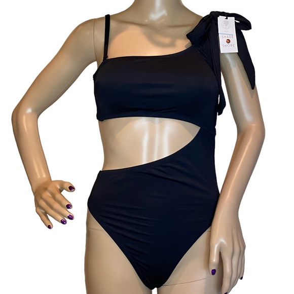 Shade & Shore One Shoulder Bow Side Cut-Out 1-Piece Swimsuit Black Sz Small NWT - Picture 3 of 12